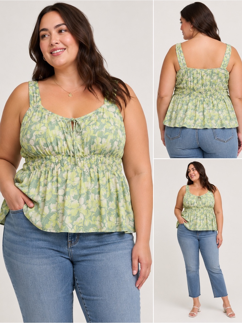 NWT Torrid 2 Floral Peplum Tank Top Green Sage Smocked Tie Front Flowy Soft
